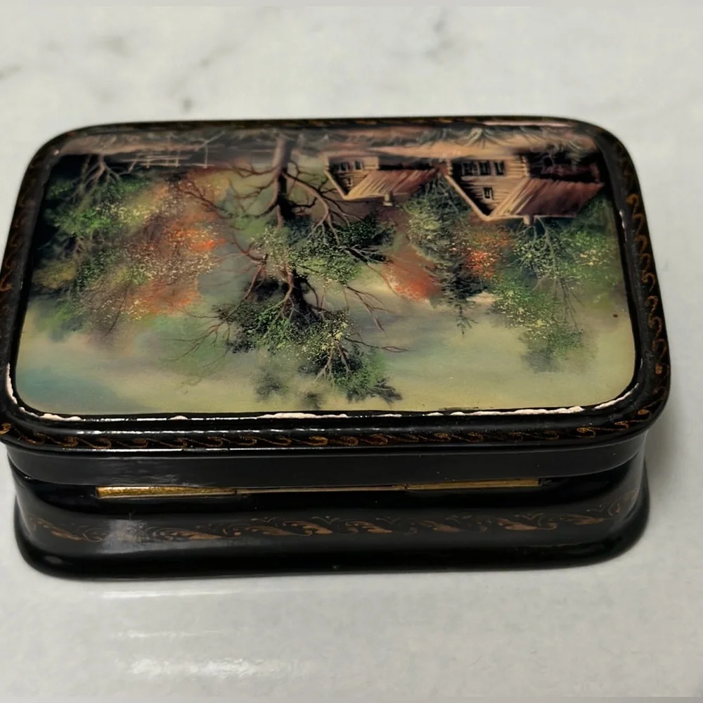 Mother Of Pearl Fedoskino Russian Lacquer Box Papier Mache Hand Painted Box